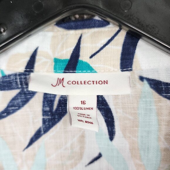 JM Collection Top Womens 16 Floral Print‎ 100% Linen Button Up Teal Collared - Picture 6 of 7